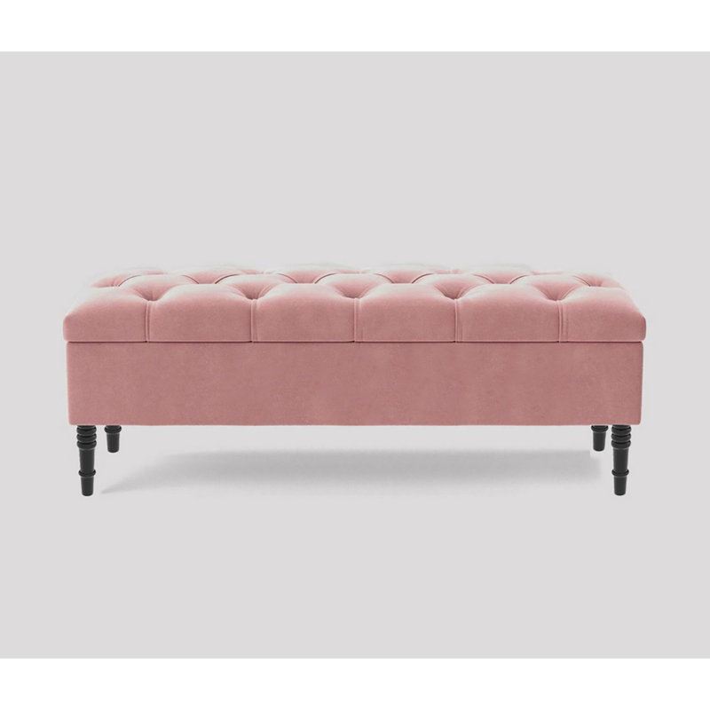 Alyana Wide Tufted Rectangle Ottoman Storage Bench - Upholstery Velvet Shoe Bench with Turned Wooden Legs, Pink