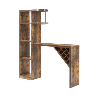 Distressed Wood Style Bar Table With Attached Wine Cabinet, Metal Glass Holders And Bottle Storage, 47.25 Inches Long, 15.5 Deep, Stores 6 Glasses Holds 9 Bottles