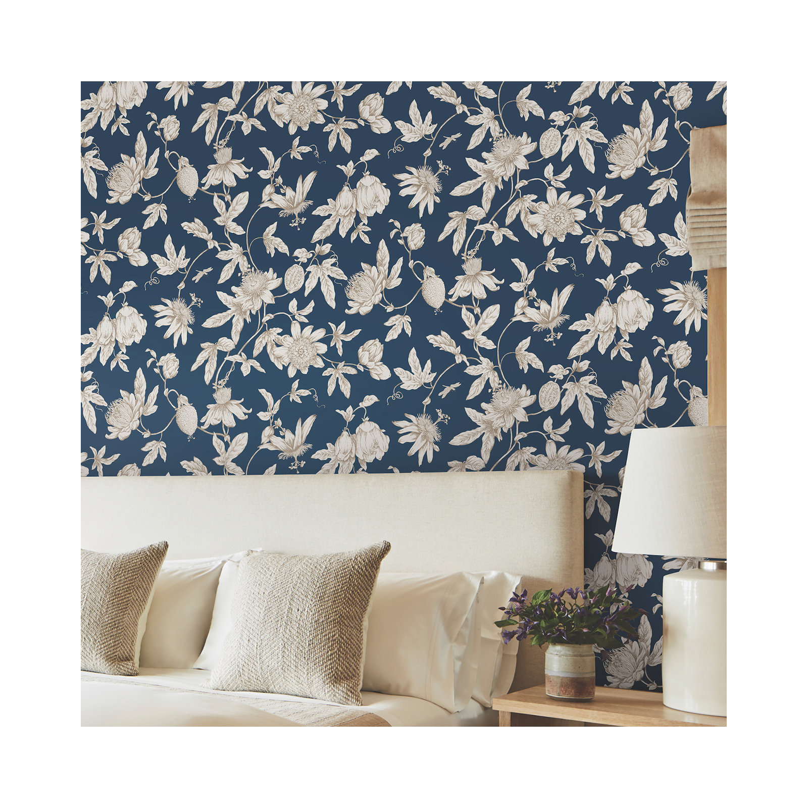 Passion Flower Toile Floral Wallpaper, Navy