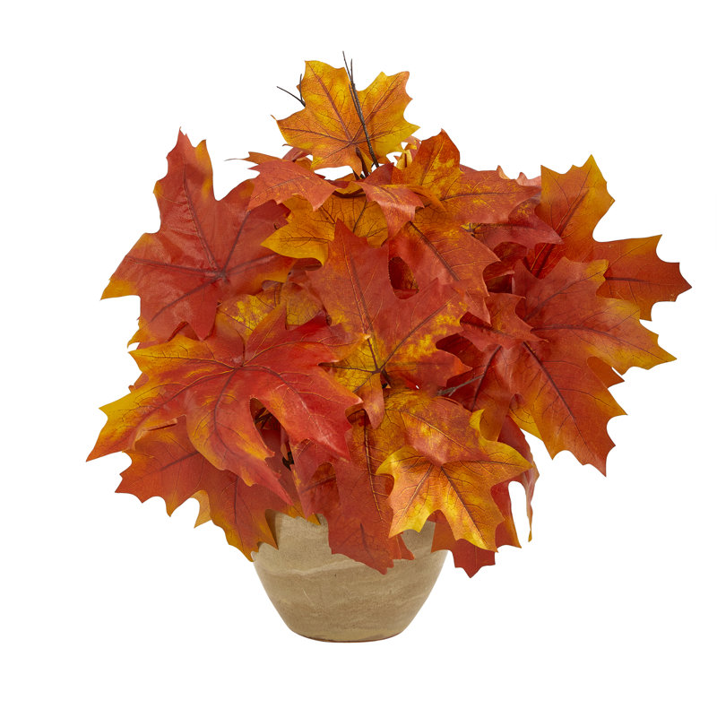 16" Autumn Maple Leaf Artificial Plant in Beige Decorative Planter