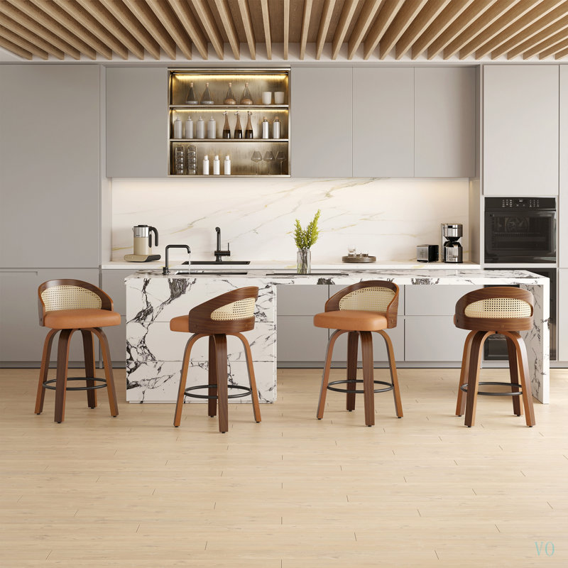 Ensemble de 2 tabourets de bar pivotants, structure en bois moderne avec dossier en rotin, tabouret en cuir de polyuréthane pour comptoir de cuisine, tabourets de bar rembourrés avec repose-pieds de style Mid-Century, tabourets de comptoir industriels
