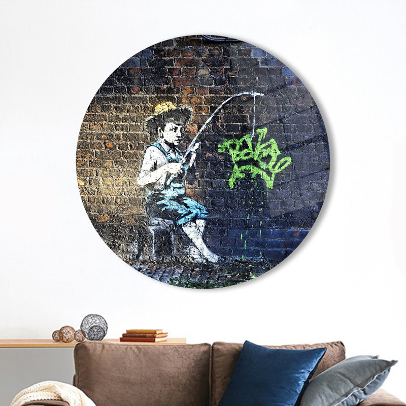 Tempered Glass Wall Decor Featuring Fishing Boy Mural Art Inspired by Banksy Graffiti, 23.6" H x 23.6" W