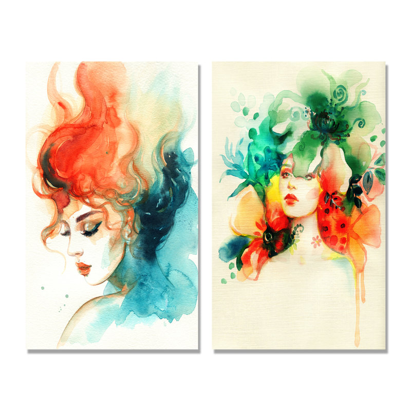 Fashion Model with Vivid Make up V - Ensemble de 2 peintures sur toiles, Toile tendue, H 20 po x l 24 po x P 1 po