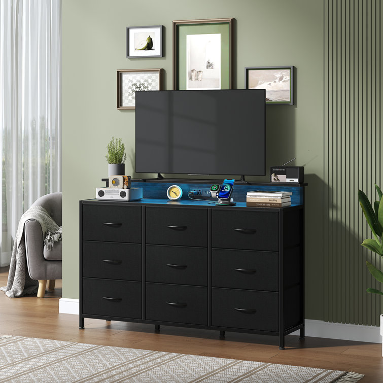 TV Stand for up to 55 inch TV, Entertainment Center with LED Lights & Charging Station, TV Media Console Table with 9 Fabric Drawers and Open Shelves, Storage Dresser