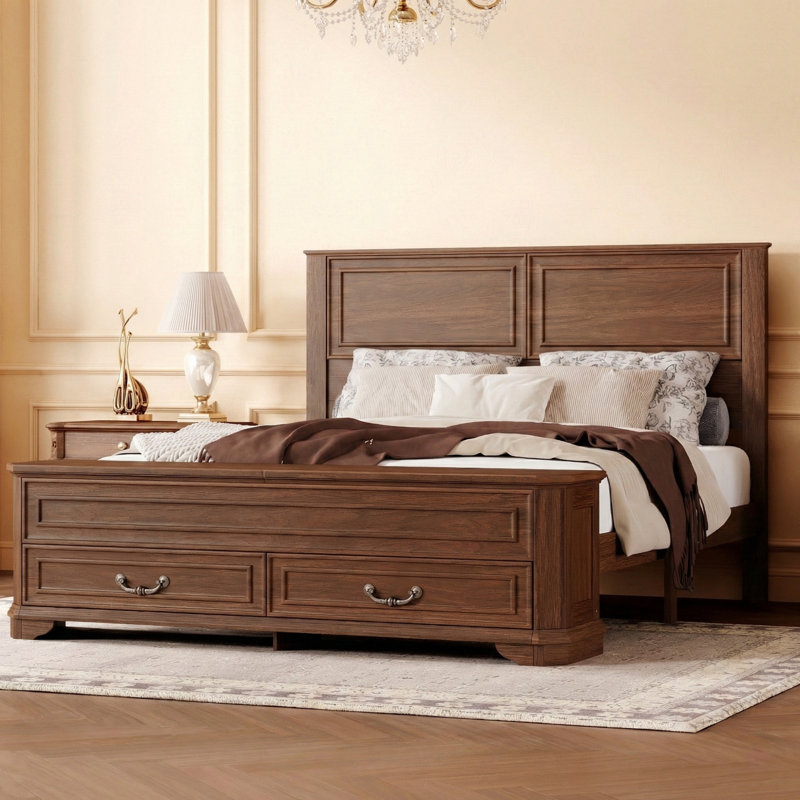 Queen Solid Wood Farmhouse Platform Bed with Storage Bench and 2 Large Drawers, Walnut