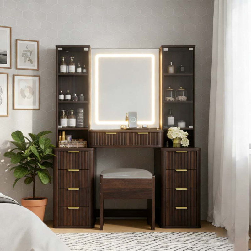43.5" Fluted Makeup Vanity Desk with Mirror and Lights, Modern Glass Top Vanity Table with 10 Drawers & 2 Transparent Glass Cabinets, Dressing Table Set with Stool