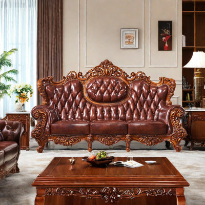 Luxury Solid Wood Double-sided Carved Sofa 98.43'' Genuine Leather Rolled Arm Sofa -  FURNITURE LEISURE, INC., XJYUKRKIKFB