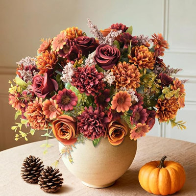 Artificial Fake Fall Flowers Centerpieces for Table Decoration, 4 Pcs Faux Silk Flower Arrangements with Mums Chrysanthemum Rose Daisy Floral Bouquets for Home Wedding Party Autumn Decor