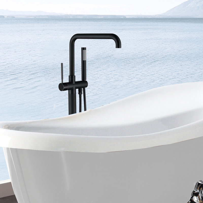 Matt Black Bathroom Freestanding Bathtub Faucet With Hand Shower - Metal Build, Floor Mounted, 2 Hole Faucets, Lever Handles, Manual Run Form Color, Grace Made, Operated Type