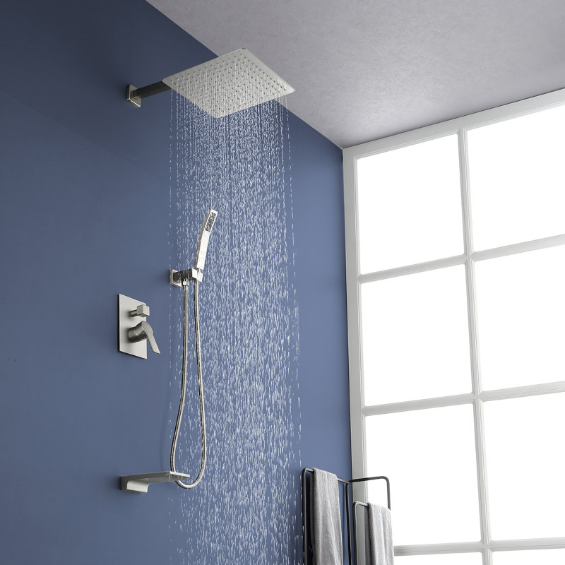 Brushed Nickel Rain Shower System with Handheld and Tub Spout