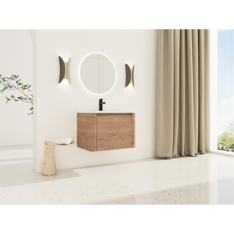 Meuble-lavabo de 28 po avec lavabo en céramique blanche, 1 porte, contreplaqué, bords arrondis et trou de trop-plein, 3 charnières, 45 poignées dissimulées, contreplaqué à surface lisse