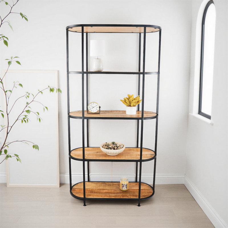 5-Tier Open Storage Wide Industrial Bookshelf Solid Mango Wood