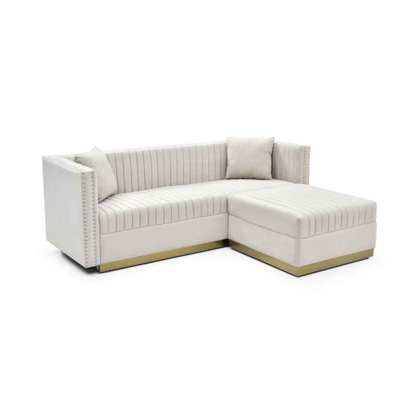 Canapé d'angle rembourré moderne en velours beige avec 4 coussins décoratifs Modern Channel