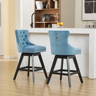 Swivel Velvet Barstools With Button Tufted Decoration And Wooden Legs, And Chrome Nailhead Trim, Leisure Style Bar Chairs,Bar Stools, Set Of 2 (Light Blue)