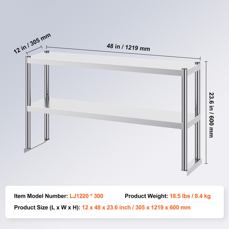 Table de préparation réglable à deux niveaux en acier inoxydable, l 48 po x P 12 po