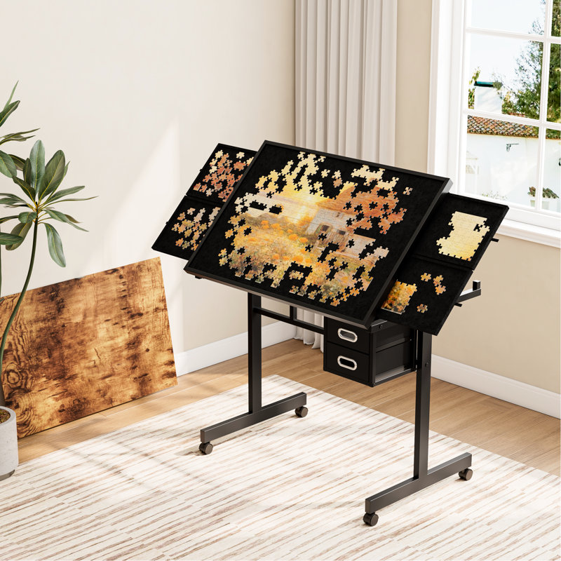 Table de casse-tête pour adultes avec 1000 pièces, plateau en métal, 4 plateaux, 2 tiroirs, plateau de bureau en placage de bois noir, 2 roulettes en caoutchouc verrouillables, feutrine grise et tapis non tissé. Cadeau idéal pour les adultes passionnés de puzzles.