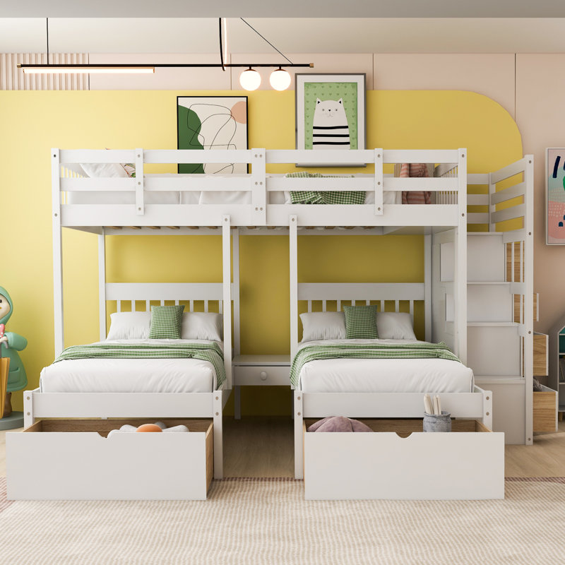 Full Over Twin & Twin Triple Bunk Bed, Wooden Frame with Drawers and Guardrails for Kids, White