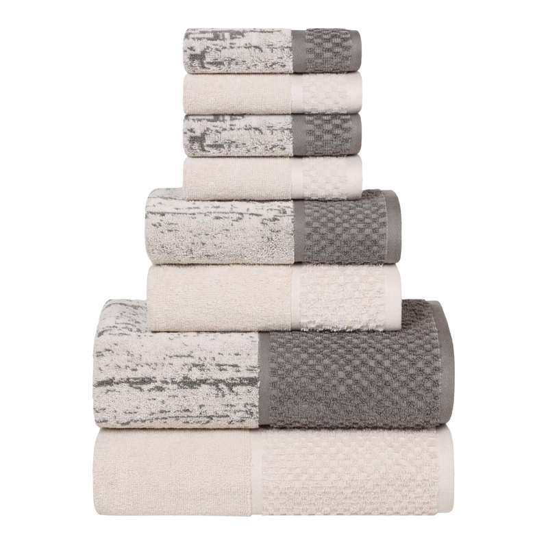 Lodie Cotton Plush Soft Absorbent Jacquard Solid and Two-Toned 8 Piece Towel Set, Ivory/Charcoal