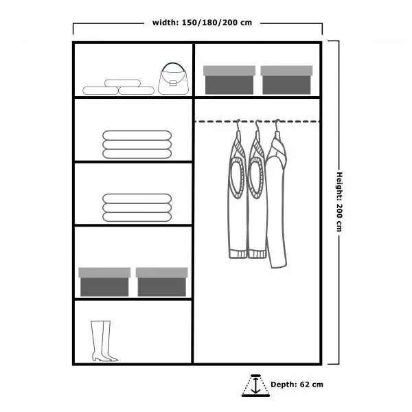 Calvero 2 Door Manufactured Wood Wardrobe, Black, 200cm H x 150cm W x 62cm D