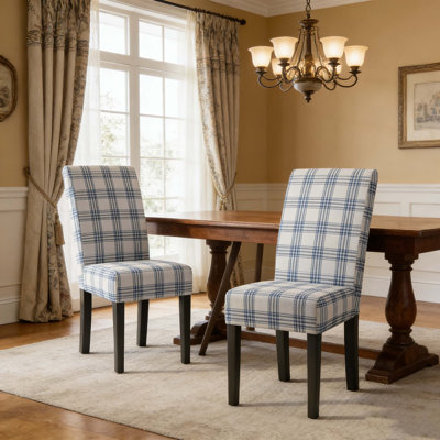 Modern Plaid Upholstered Dining Chair (Blue & Cream, Rubberwood Legs) – Set Of 2
