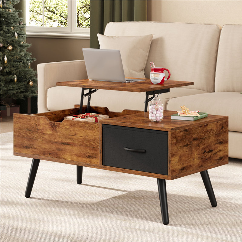 39.5" W Lift Top Coffee Table with Hidden Compartment and Drawer, Rustic Brown/Black