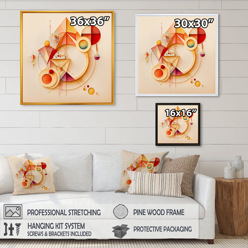Abstrait géométrique orange et jaune II - peinture sur toile, H 36 po x l 36 po x P 1,5 po, Toile avec cadre flottant noir