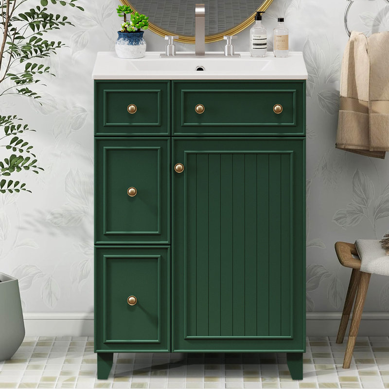 Meuble-lavabo 24 po avec lavabo en céramique, Vert givré / or