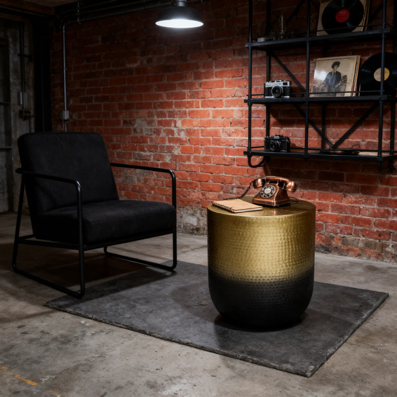 Table d'appoint Nova Boho entièrement assemblée en métal avec finition ombrée dorée, tambour en fer martelé à la main pour le salon et la chambre à coucher
