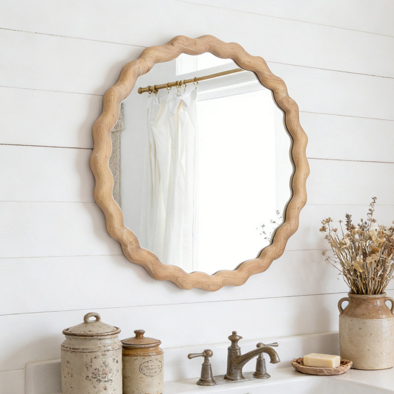 Irregular Wall Mirror,Wood Round Farmhouse Mirror Unique Vanity Mirror,24" Nature Wooden Modern Bathroom Mirror for Washroom Living Room Bedroom