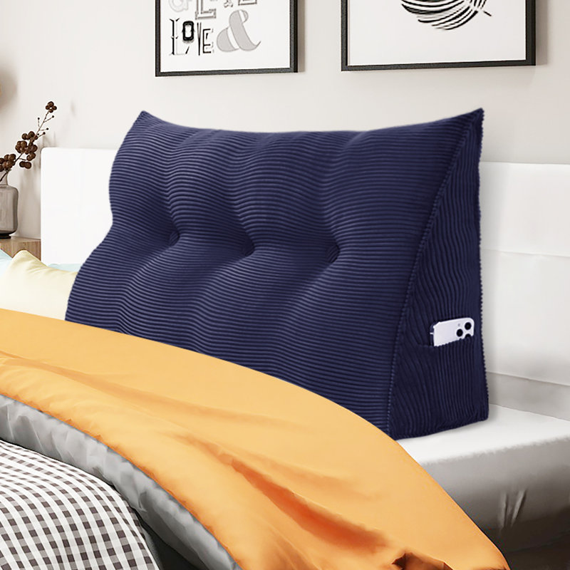 Sit-up Back Comfort Corduroy Bed Headboard Wedge Reading Pillow Triangular Backrest Compression, Deep Blue, Twin