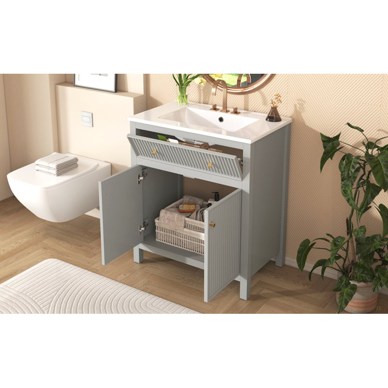 Ensemble de meuble-lavabo simple 30 po avec lavabo en céramique et portes à fermeture douce style moderne