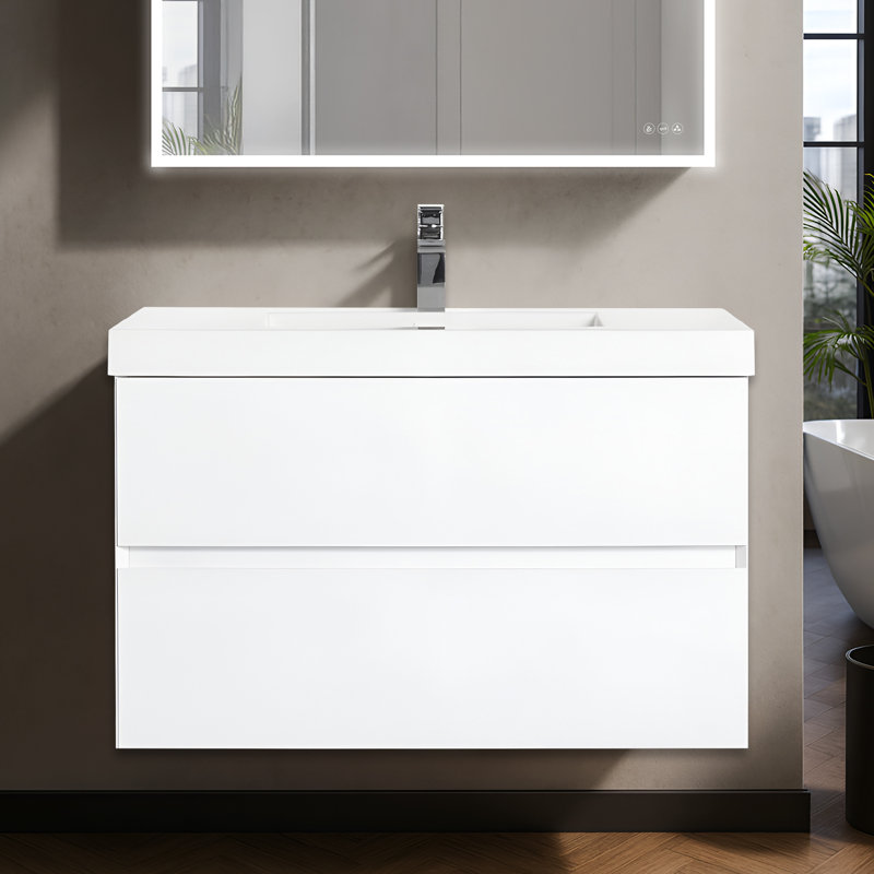 Meuble-lavabo flottant 36 po avec lavabo mural Annedoris, Blanc