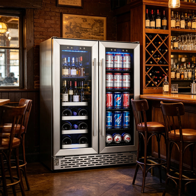 Réfrigérateur à vin 24 pouces à deux zones, refroidisseur à vin autoportant et intégré avec deux portes en verre, capacité de 20 bouteilles et 78 canettes, éclairage intérieur à DEL, idéal pour la cuisine, le bar, le bureau et la chambre à coucher