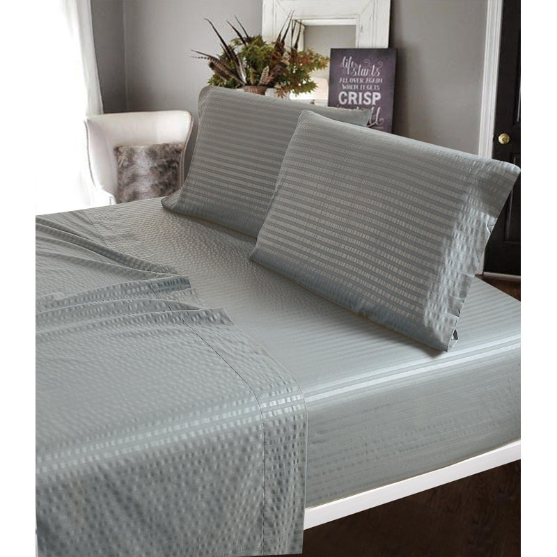 100% Cotton Sateen Striped Sheet Set, King Sheet Set + 2 Pillowcases, Silver