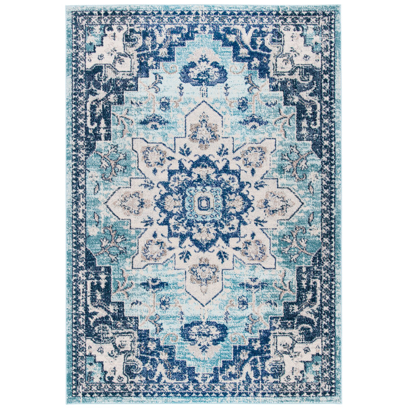 Yedidalga Oriental Teal/Navy Area Rug, Rectangle 3' x 5'