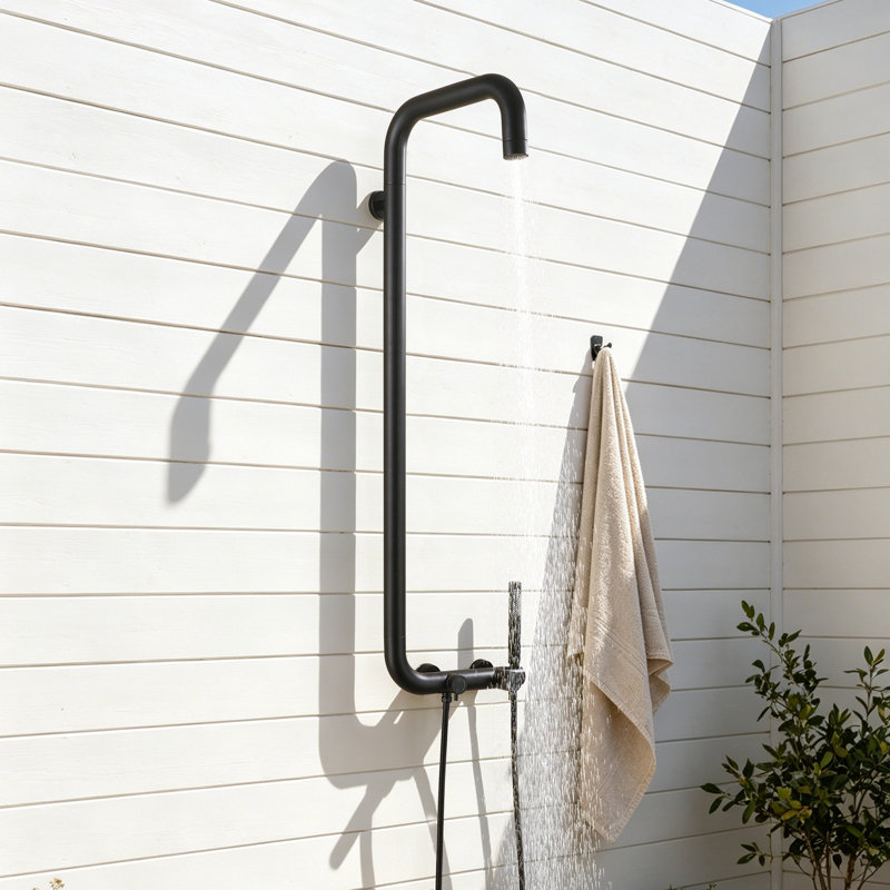 Douche d'extérieur à fixation murale en acier inoxydable H 44 po 44 po avec douche à main, Noir mat