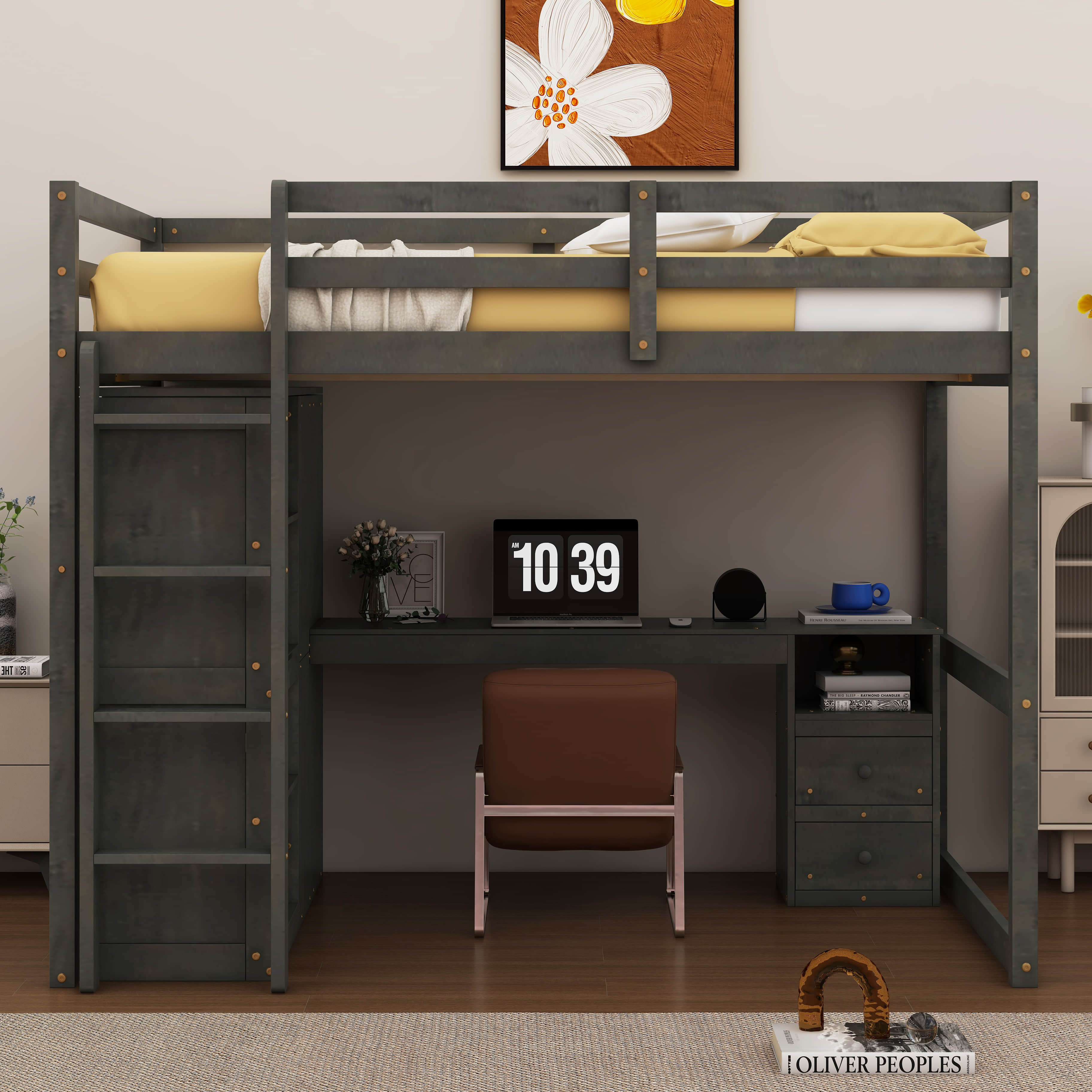 Harriet Bee Wood Full Size Loft Bed With BuiltIn Wardrobe, Desk Wayfair