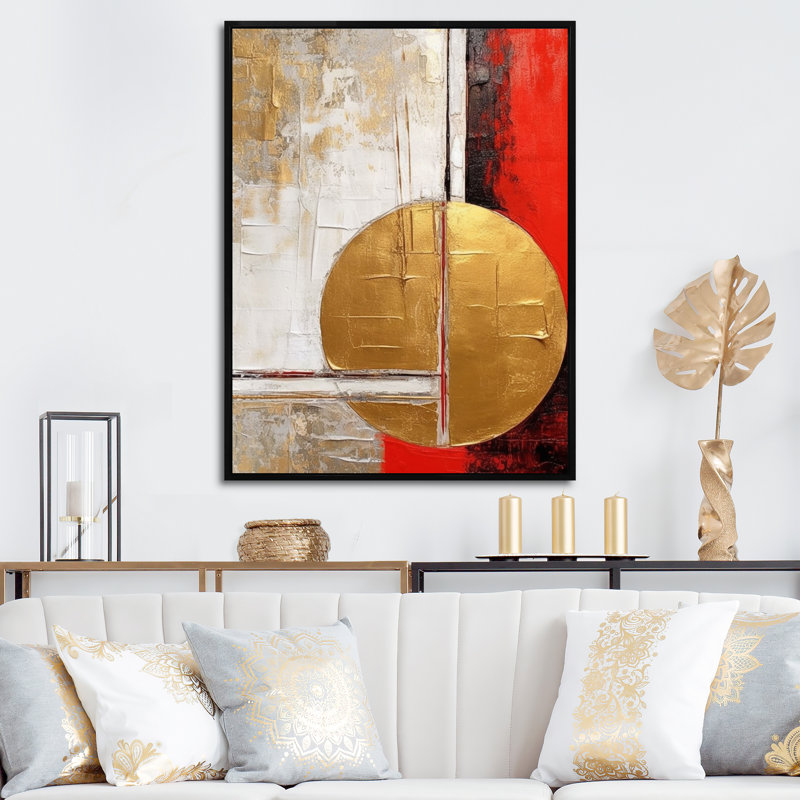Pleine lune rédempte, abstrait or et rouge sur toile, 40" H x 30" W, Cadre flottant noir