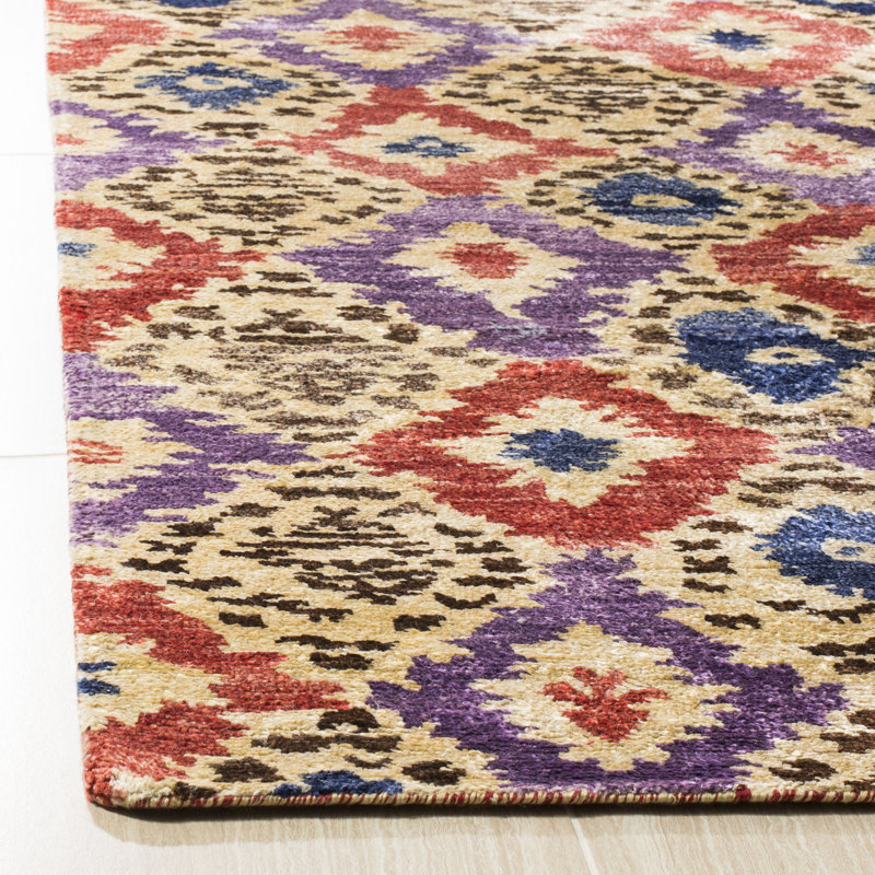 Rectangle Luxor Geometric Hand-Knotted Silk Area Rug in Purple/Rust, Rectangle 6' x 9'