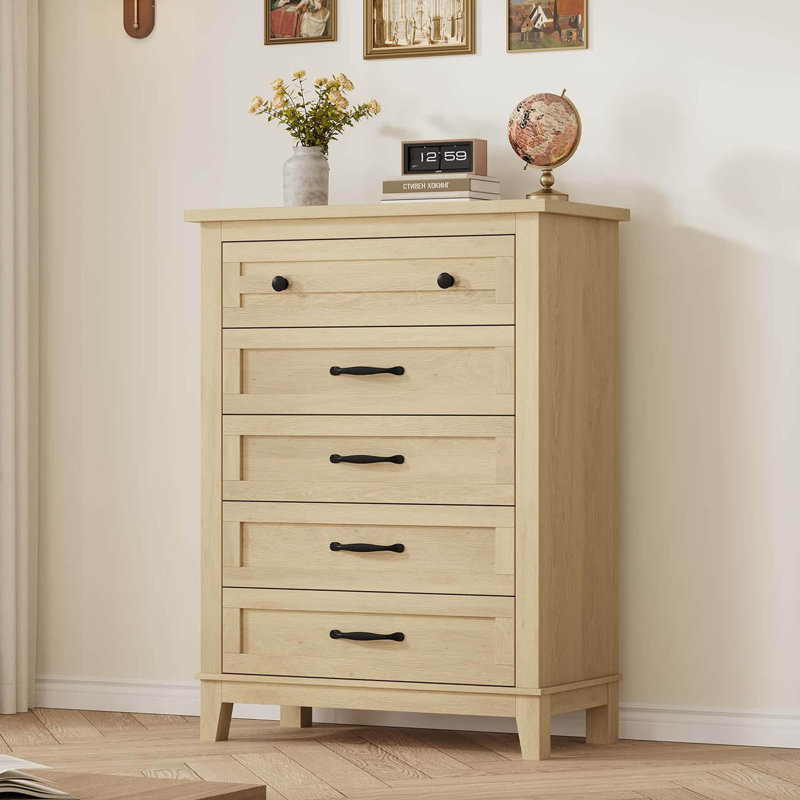 Commode 5 tiroirs pour chambre à coucher, commode verticale de 41,3 po de hauteur avec grand rangement, commode autoportante en bois pour chambre à coucher, salon
