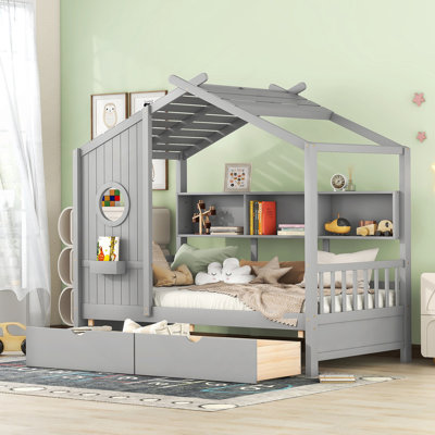 Lit House pour enfants avec deux tiroirs et une tablette de rangement, idéal pour jouer et dormir, améliorant la fonctionnalité de la chambre à coucher
