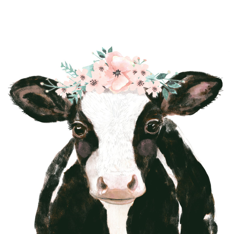 Baby Cow With Floral Crown - Wrapped Canvas Painting, 30cm H x 30cm W x 3.8cm D