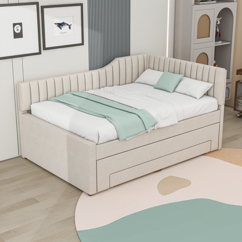 3 Drawers Upholstered Daybed with Twin Trundle, Beige, Full/Double