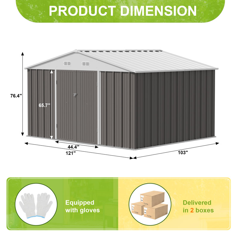 Outdoor Metal Storage Tool Shed, Gray/White, 76.4" H x 121" W x 103" D