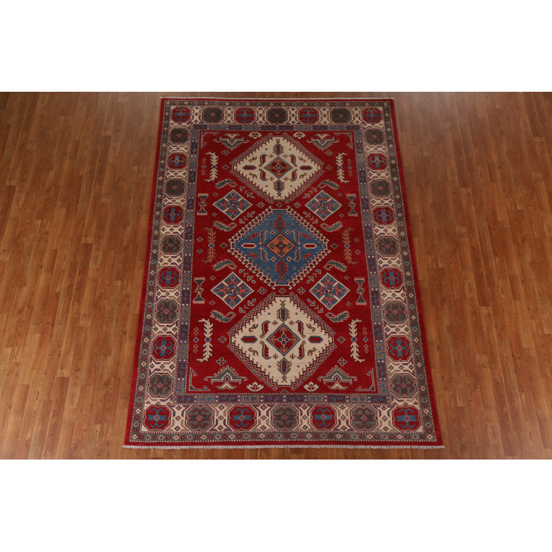 Tapis unique en laine noué à la main 6 pi 6 po x 9 pi 3 po nouvel âge en rouge / beige / bleu