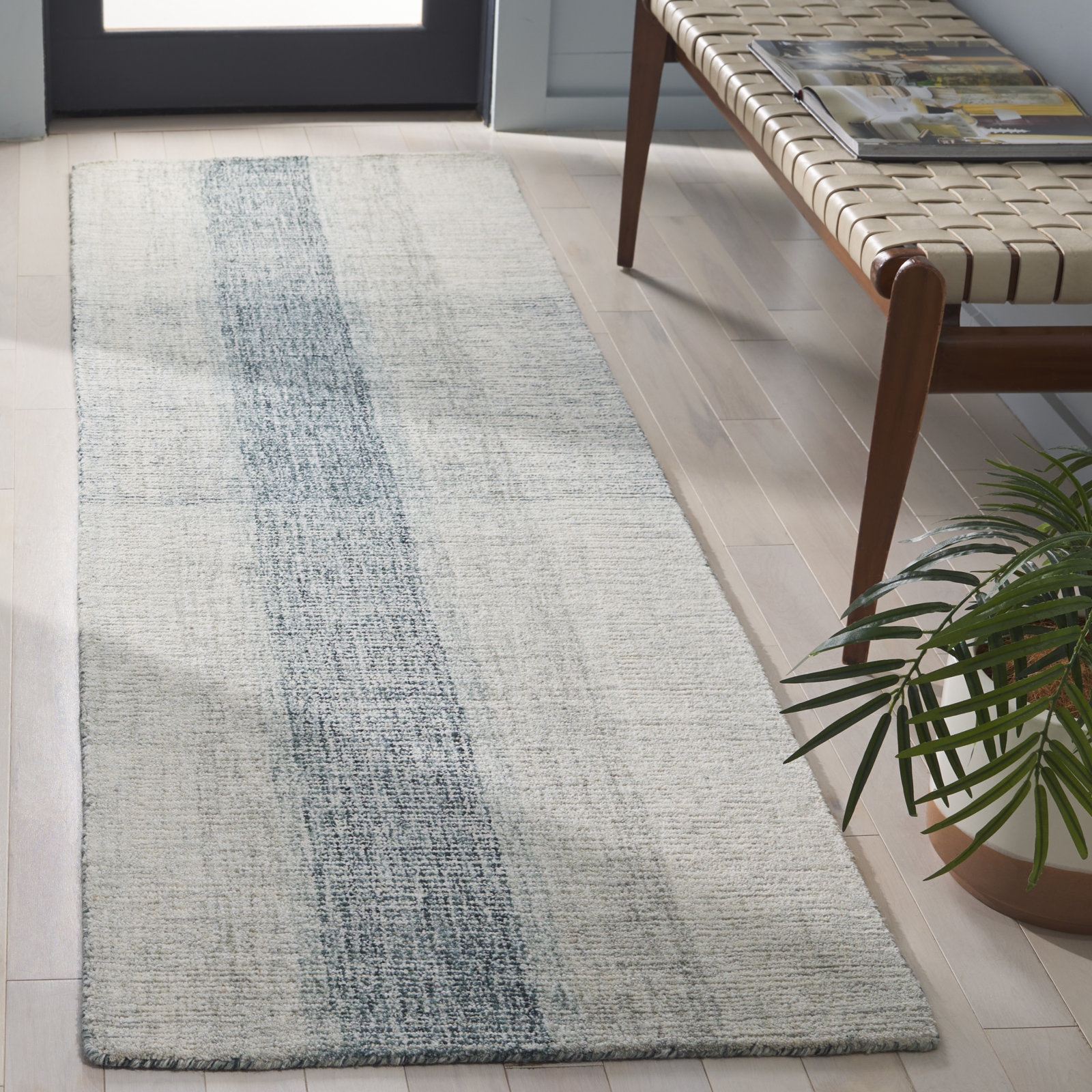 Gray Blue Hand-Tufted Geometric Wool Rug, Runner 2'3" x 8'