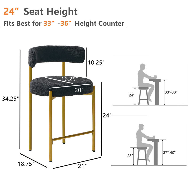 Luxurious Black Bouclé Upholstered Gold Metal Counter Stools, Set of 2