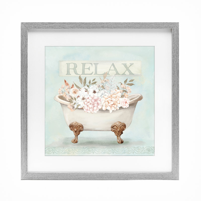 «Relax Floral Tub», reproduction encadrée sous verre, design par Mollie B., H 16 po x l 16 po, Cadre de ferme gris