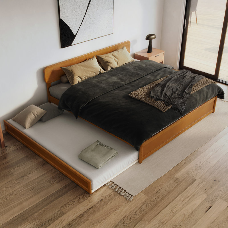 Lit plateforme en bois massif avec lit gigogne assorti Ause, Très grand, Caramel clair