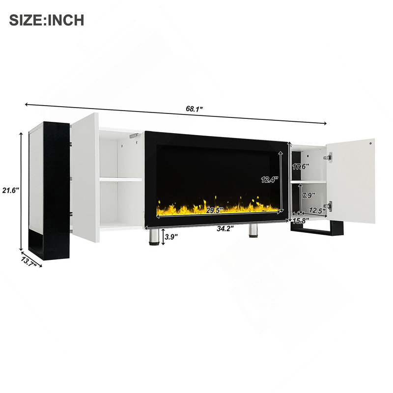 Meuble télé moderne avec foyer électrique non chauffant 34,2 po ON-TREND, centre de divertissement ultrabrillant avec 2 armoires, console multimédia pour téléviseur de 78 po ou moins, blanc